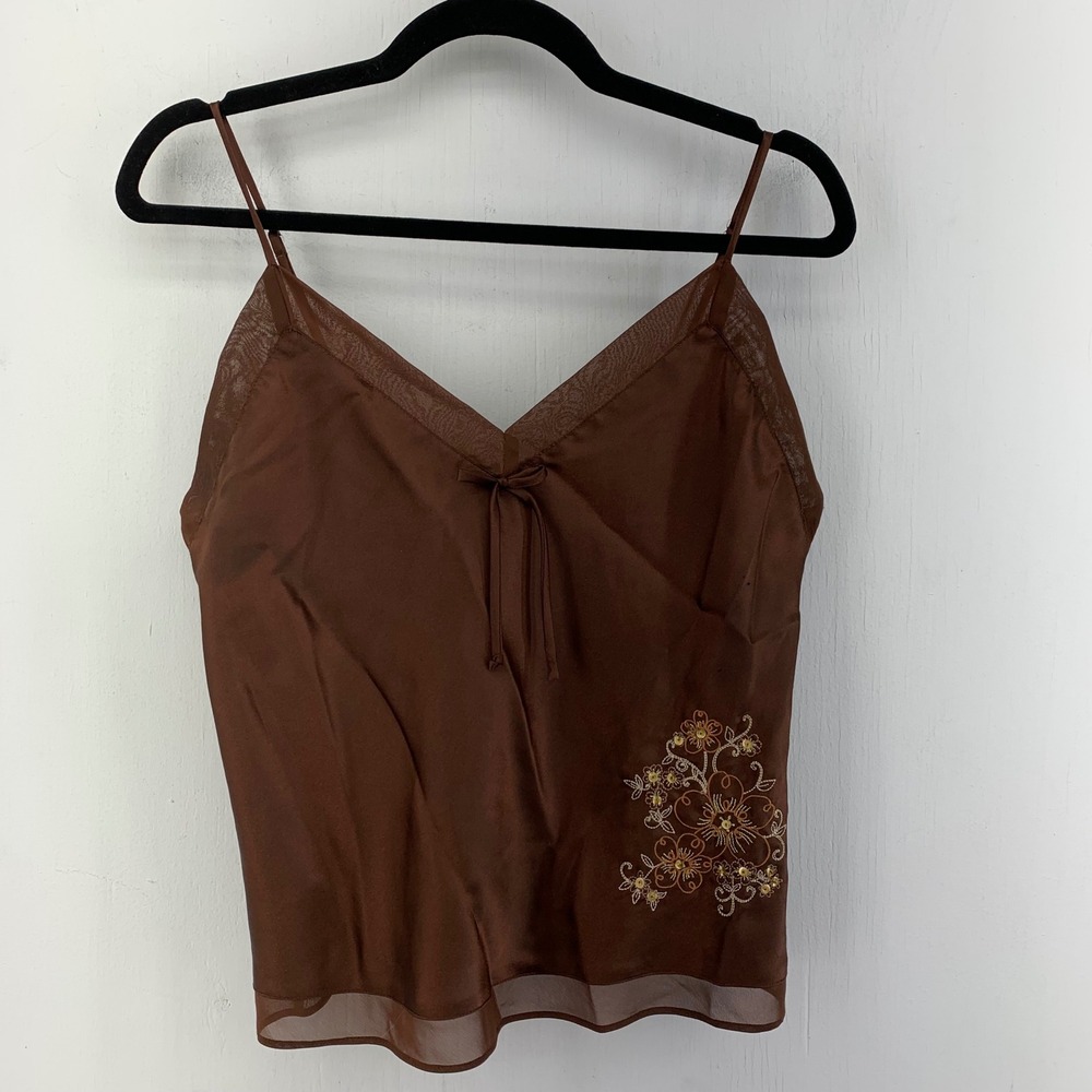 Coquette Dainty Satin Cami Top Floral Embroidery Sequin Y2K Large 2000s Whimsi